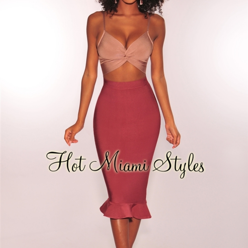 Mocha Mahogany Bandage Cut Out Ruffle Hem Dress Hot Miami Styles